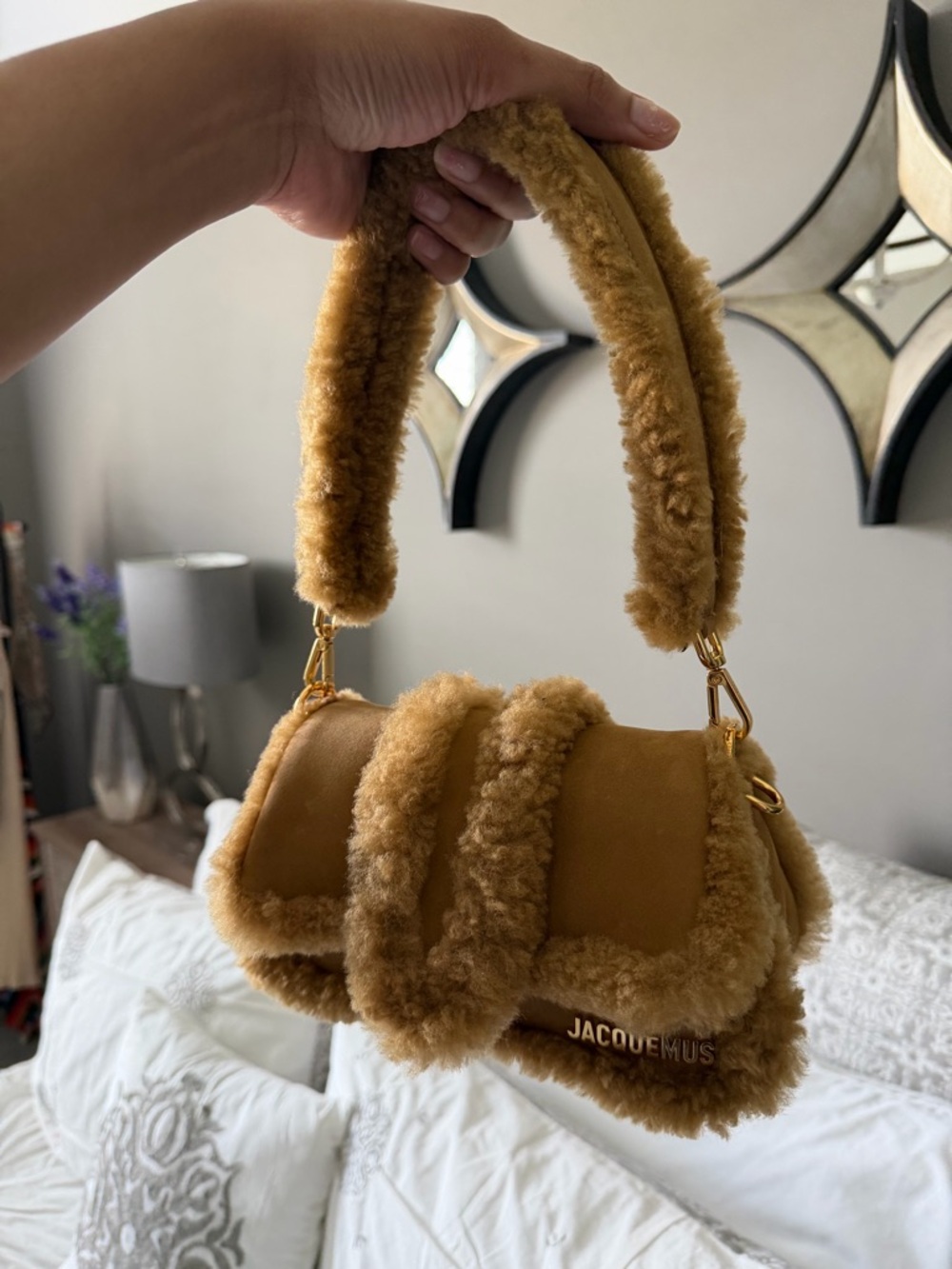 Jacquemus Camel Shearling-Trim Le Petit Bambimou Doux Shoulder Bag - Picture 3 of 8
